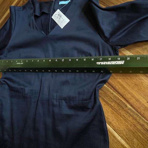 J Mclaughlin Dara Dress Sz S Midi Navy V Neck Ruffle Hem 3/4 Sleeve NEW Classy - Picture 7 of 11